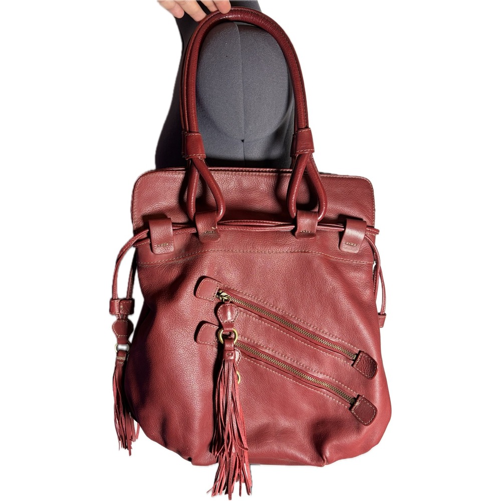 Y2k style Red Pebbled Leather Tassel Tote Slouchy Shoulder Bag Boho